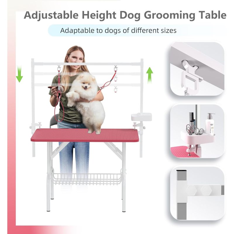 36''Large Dog Grooming Table, Foldable Pet Station at Home, Dog Grooming Table,Adjustable Cat Drying Desktop with Arms, Nooses, Mesh Tray (36Inch Pet Grooming Table Pink)   WL