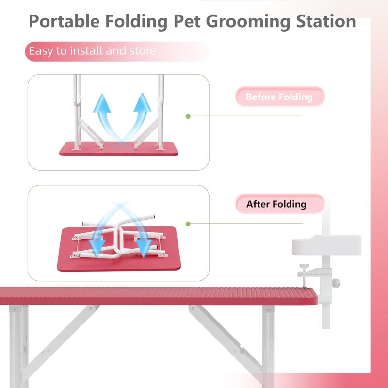 36''Large Dog Grooming Table, Foldable Pet Station at Home, Dog Grooming Table,Adjustable Cat Drying Desktop with Arms, Nooses, Mesh Tray (36Inch Pet Grooming Table Pink)   WL