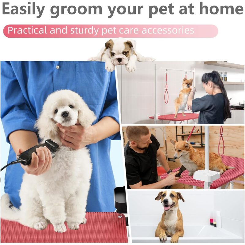 36''Large Dog Grooming Table, Foldable Pet Station at Home, Dog Grooming Table,Adjustable Cat Drying Desktop with Arms, Nooses, Mesh Tray (36Inch Pet Grooming Table Pink)   WL