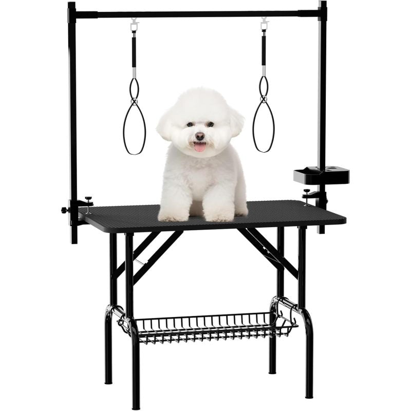 36''Large Dog Grooming Table, Foldable Pet Station at Home, Dog Grooming Table,Adjustable Cat Drying Desktop with Arms, Nooses, Mesh Tray (36Inch Pet Grooming Table Pink)   WL