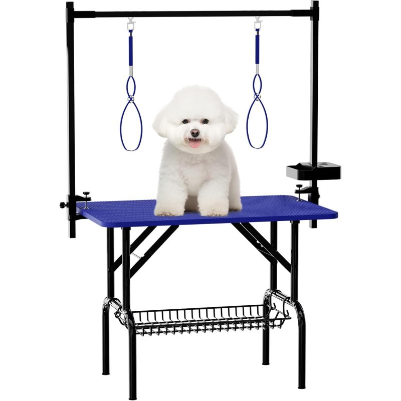 36''Large Dog Grooming Table, Foldable Pet Station at Home, Dog Grooming Table,Adjustable Cat Drying Desktop with Arms, Nooses, Mesh Tray (36Inch Pet Grooming Table Pink)   WL