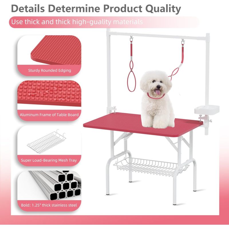 36''Large Dog Grooming Table, Foldable Pet Station at Home, Dog Grooming Table,Adjustable Cat Drying Desktop with Arms, Nooses, Mesh Tray (36Inch Pet Grooming Table Pink)   WL