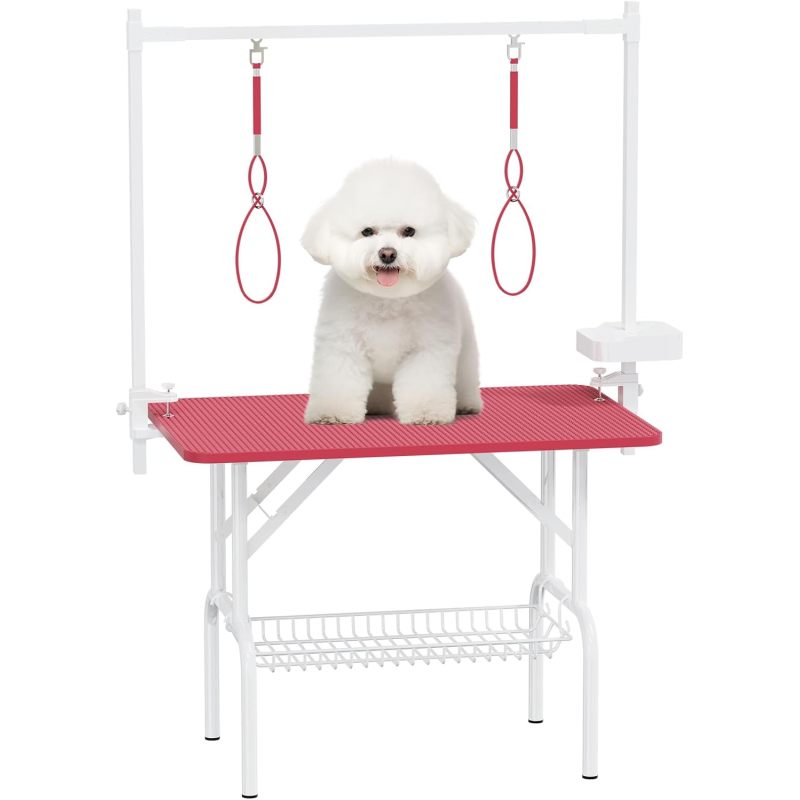 36''Large Dog Grooming Table, Foldable Pet Station at Home, Dog Grooming Table,Adjustable Cat Drying Desktop with Arms, Nooses, Mesh Tray (36Inch Pet Grooming Table Pink)   WL