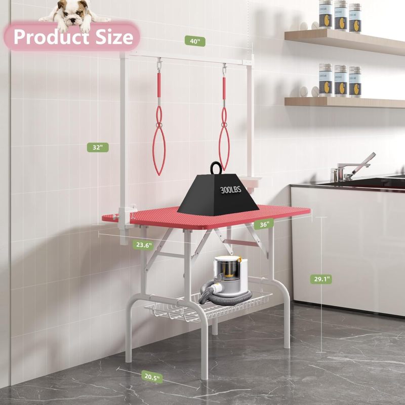 36''Large Dog Grooming Table, Foldable Pet Station at Home, Dog Grooming Table,Adjustable Cat Drying Desktop with Arms, Nooses, Mesh Tray (36Inch Pet Grooming Table Pink)   WL